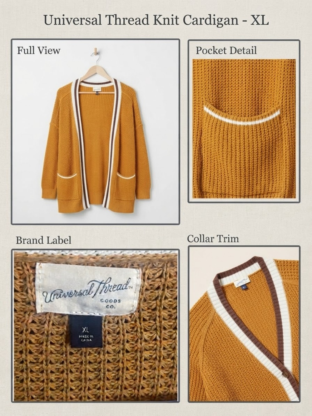Universal Thread Mustard Open-Front Cardigan with Cream & Brown Trim